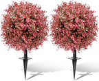 Artificial Topiary Bushes for Outdoors with Spike, Boxwood Ball Fake Shrubs UV Resistant Faux Plants for Indoor Outdoor Fall Thanksgiving Halloween Decor (Red Eucalyptus)