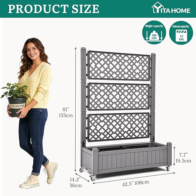 YITAHOME 42.5x14.2x61 in Planter Box with Trellis/Outdoor Privacy Screen, All-Weather Raised Garden Bed with Wheels & Drain Plug for Climbing Plants Flowers Herbs, Brown