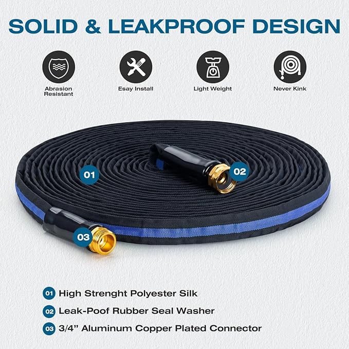 Ultra Lightweight 50FT Garden Hose - Heavy-Duty Kink-Free Flexible Hose, Non-Expanding Design with Aluminum Brass Fittings, Crush-Proof for Yard/Lawn/Outdoor Use(black-blue, 50 FT)