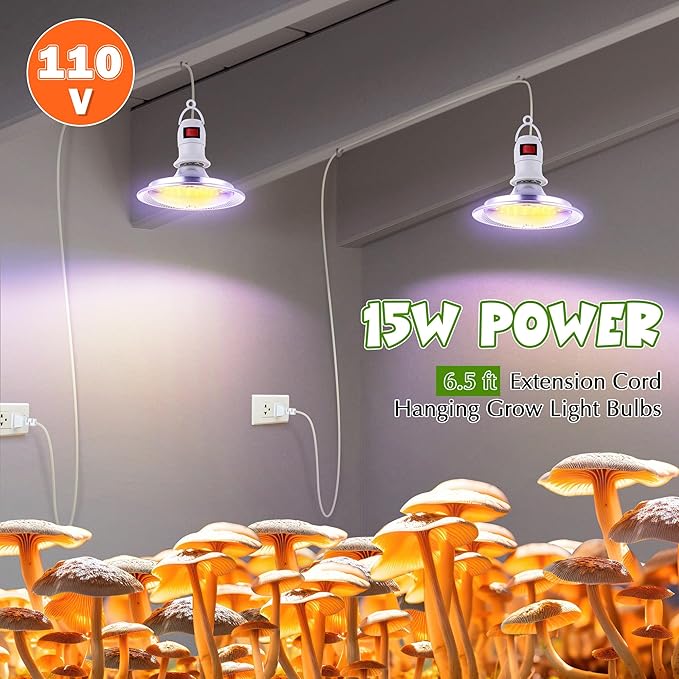 Meonum 1 Pack Hanging Mushroom Grow Light, E27 LED Grow Lamp for Indoor Plants, Decorative 6000K Blue & 5000K White Spectrum, 4.9FT Cord with Switch, Unique Mushroom Plant Light