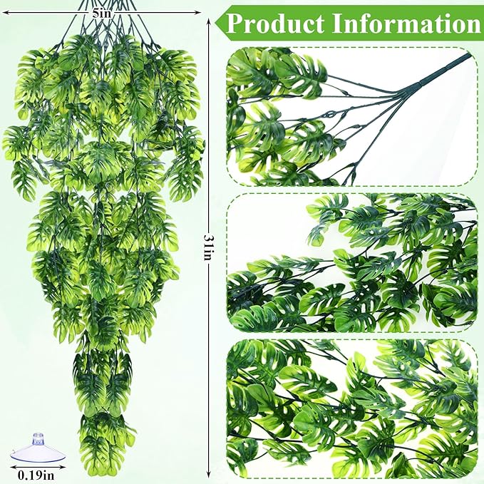 Suncalla Reptile Plants Terrarium Hanging Plants Vines Boston Climbing Terrarium Plant with Suction Cup for Bearded Dragons Lizards Crested Gecko Snake Crab Tank(Popular Series,Green)