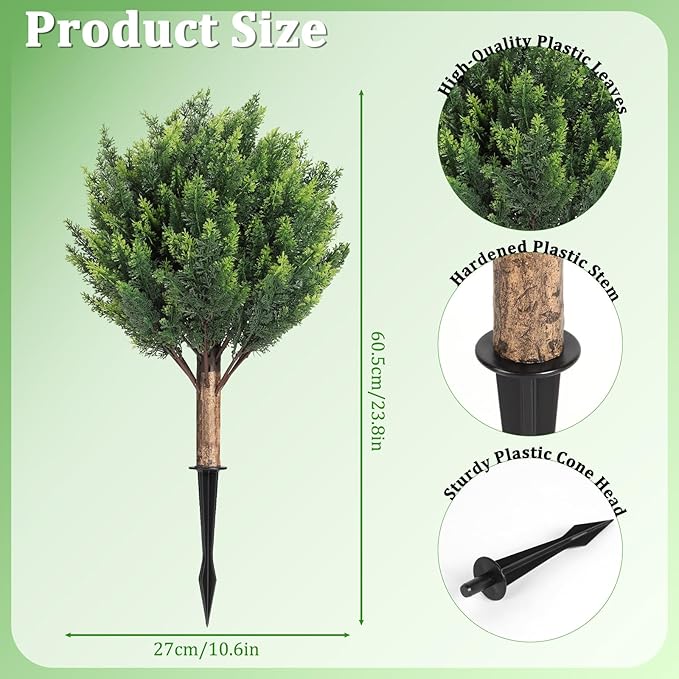 Shinoske 23.8" Artificial Cedar Topiary Ball Trees,Set of 2 Outdoor Faux Evergreen Shrubs with Ground Spike,UV Resistant Fake Cedar Plants for Front,Garden,Porch,Yard