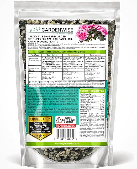 GARDENWISE 8-4-8 Acidic Fertilizer for Azaleas, Camellias (Camelia), Hydrangeas, Blueberries, Gardenias, Magnolia Trees, Evergreens, and Rhododendrons - Ideal Iron-Rich Plant Food (4 QUARTS)