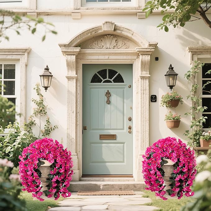Artificial Flowers for Outdoors Fake Hot Pink Morning Glory Hanging Flower Decoration, 2Pcs Realistic Faux Plants Petunias Long Trailing Vines,Spring Decor for Porch Patio Balcony Planter Yard