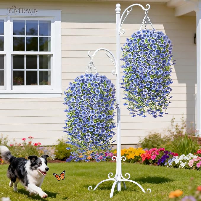 Artificial Hanging Flowers for Outdoors Spring Summer Decoration, 4PCS UV Resistant Silk Fake Hanging Plants for Patio Porch Front Yard Window Garden Indoor Decor(Blue,4PCS)