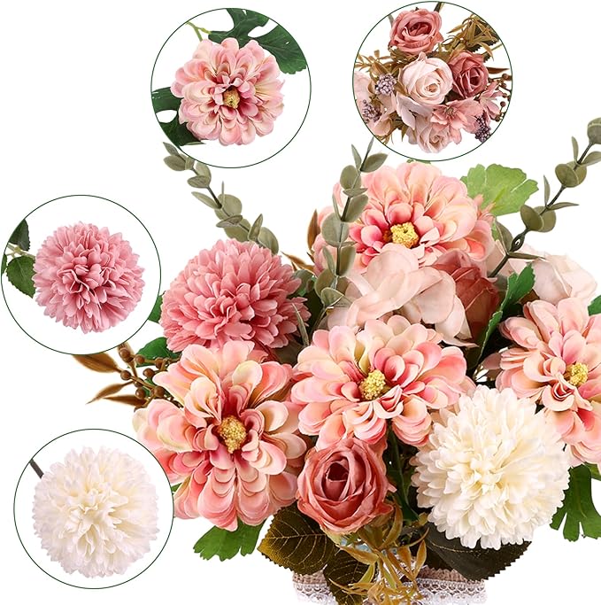 CEWOR Fake Flowers in Vase, Artificial Flowers with Vase Faux Silk Floral Arrangement Table Centerpieces Decor for Home Office Dining Farmhouse Coffee Table Living Room Bathroom Plant Decor (Pink)