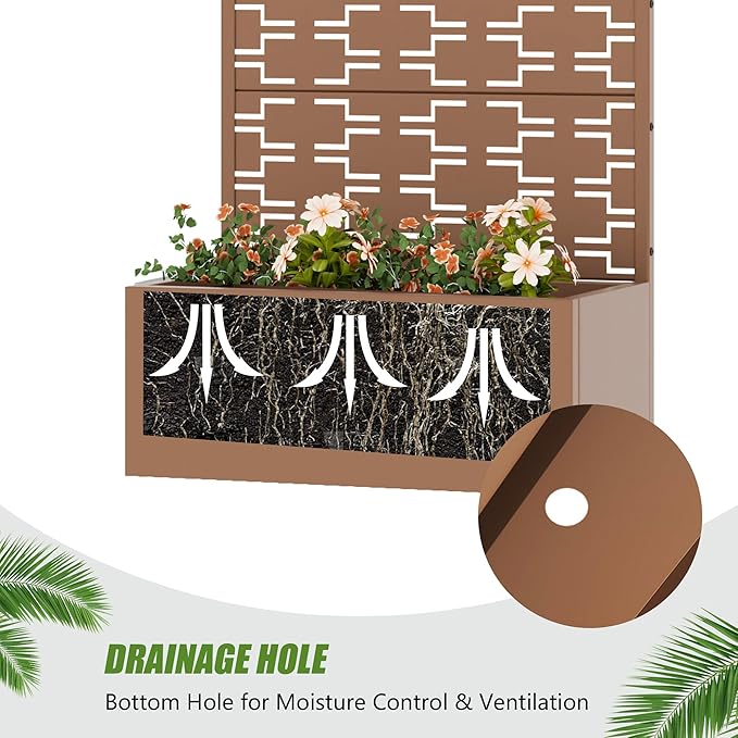 Casaphoria Metal Raised Garden Bed with Trellis, 59"x30"x12" Planter Box for Climbing Plants, Vegetables & Vines, Features Drainage Holes and Privacy Screen, Brown-Brick