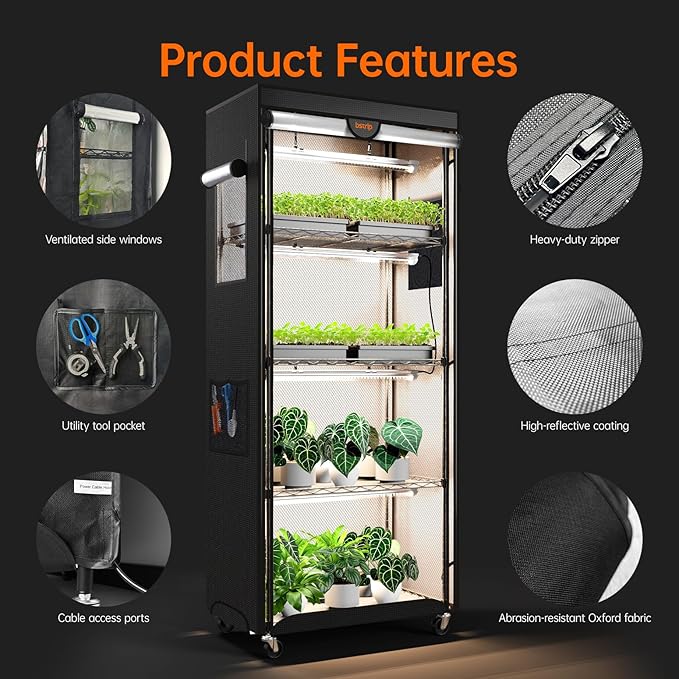 Bstrip Indoor Greenhouse with Grow Light, 4 Tier Plant Shelf with Oxford Fabric Grow Tent & Timer for Indoor Plant , Mini Greenhouse for Spring Seed Starting, Vegetables, Plant Growth, 23.6"x13.8"x59"