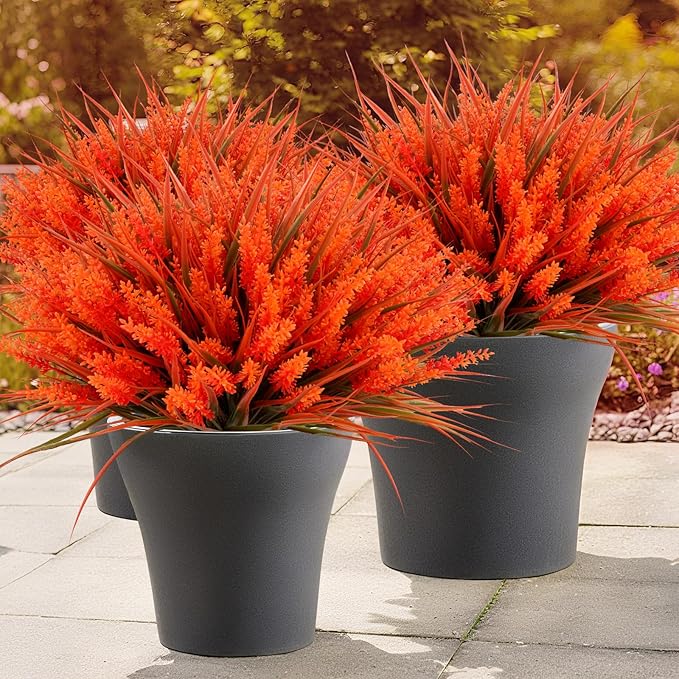 Geegoods 24 Bundles Artificial Fall Flowers Outdoor – Faux Lavender Flowers with Monkey Grass UV Resistant Plastic Faux Plants for Garden Porch Patio Home Decor, Autumn-red Color (Pack of 2)