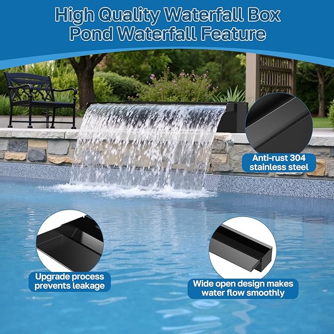 POPOSOAP 24 Inch Pond Waterfall Spillway with 1200GPH Pump, 304 Stainless Steel Pond Waterfall Kit with 9.8FT Corrugated Tube, Pond Waterfall Box for Outdoor Pond Waterfall System Garden Decor-P46