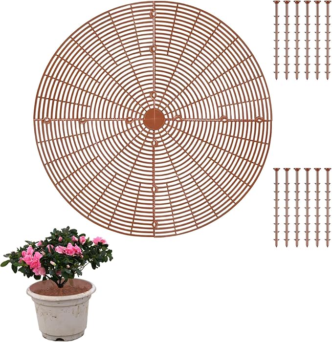 20.5 Inch Plant Pot Cover,Durable Cat & Dog Digging Stopper with Deep Stakes,Adjustable Soil Guard Grid for Indoor & Outdoor Flower Pots,Brown Animal Protector