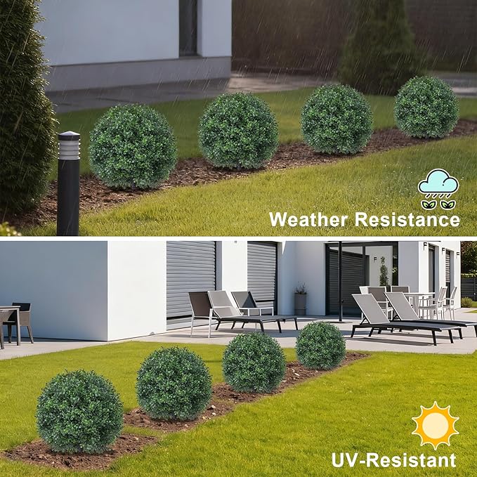 2Pack Artificial Boxwood Topiary Ball Trees,16''UV Resistant Fake Evergreen Shrubs Bushes Plants with Ground Spike, Fake Plants for Outdoor Indoor Front Porch Garden