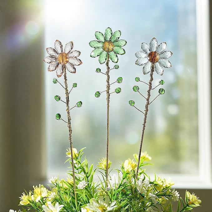 H&D HYALINE & DORA 3 Pcs Crystal Sunflower Suncatchers with 13'' Gold Trellis Metal Plant Stake for Indoor Outdoor Garden Potted Plants Decorations Plant Lover Gift(Clear, Green, Pink)