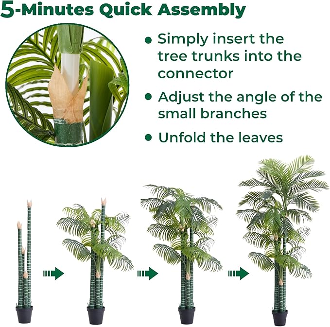 8.5FT Tall Golden Cane Palm Tree with 4 Trunks (1 Pack), Extra Lush Large Faux Plants, UV Resistant Indoor/Outdoor Fake Plant in Black Base Pot - Realistic Tropical Decor for Patio, Home, Office