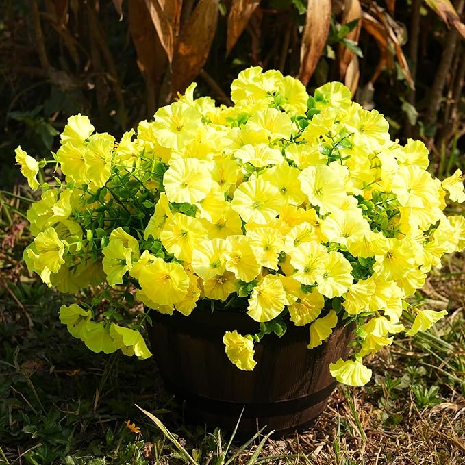Fanfantoey Artificial Flowers for Outdoor, UV Resistant Fake Plants Outside Decoration, 14 Pcs Realistic Silk Morning Glory Faux Flowers for Porch Patio Gardens Home Decor(Yellow)