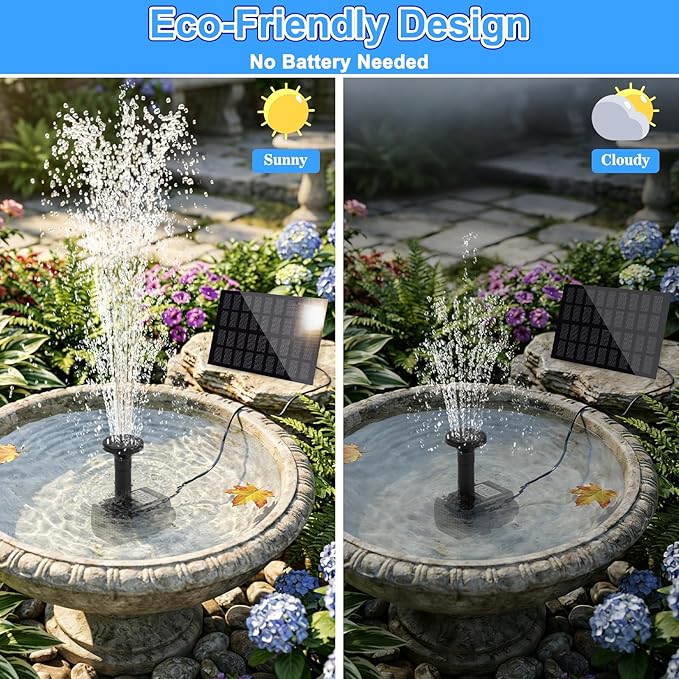 Yeomi Solar Fountain Pump for Bird Bath, 2W Upgraded Solar Water Pump with Separate Panel & 3M/9.84ft Cable, 4 Nozzles for Fountain Effects, Eco-Friendly for Bird Bath, Garden, Pond, Patio Decor