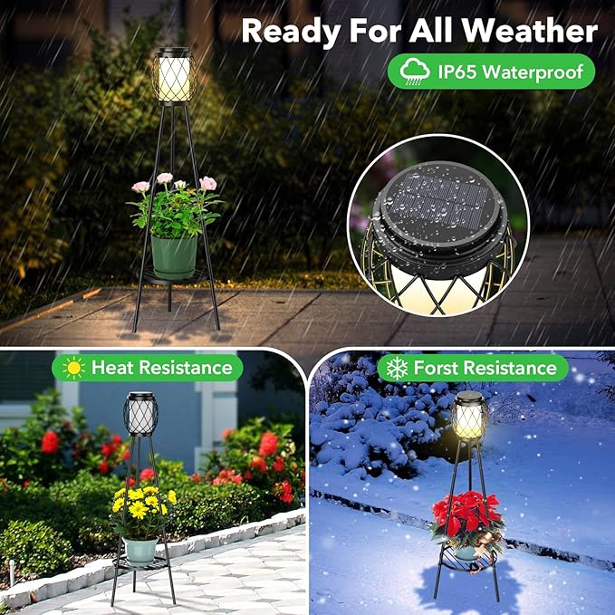 MXwcy 2-in-1 Solar Lights Outdoor with Plant Stand, Waterproof Vintage Solar Floor Lamp & Metal Planter Holder, Tall Geometric Lantern Tripod for Patio, Garden, Yard, Porch Decor (2 Pack)