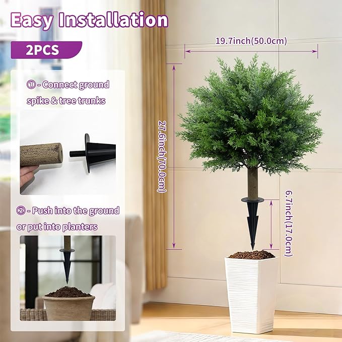 27.6 Inch Artificial Cedar Topiary Ball Trees, Set of 2 UV Resistant Fake Evergreen Trees Shrubs Bushes Artificial Plants with Ground Spike Faux Cypress Plants for Outdoor Front Porch Garden Decor