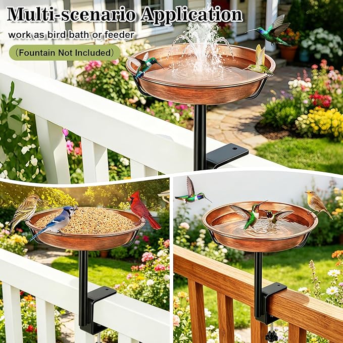 Gtongoko Deck Mounted Metal Bird Bath for Outside, 12 Inch Dia Weather-Resistant Birdbath Bowl for Balcony Fence Railing with Adjustable Clamp Outdoors