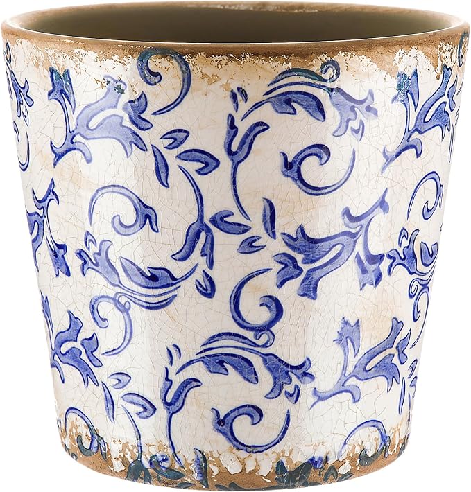 Beeveer Farmhouse Ceramic Planter 5.5 Inch Large Plants Pot Crack White Blue Flowers Plant Pots with Drainage Hole Indoor Plants Kitchen Rustic Antique Decor Gift