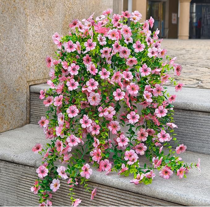 4 Pcs Fake Outdoor Artificial Flowers For Outdoors Uv Resistant, Plastic Flowers For Outdoors, Fake Hanging Plants Faux Flowers For Outdoor Planters, Silk Spring Flowers For Outside Porch（Pink）