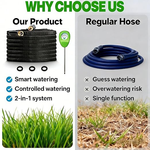 50FT Garden Hose with Soil Moisture Meter, Flexible Non-Expanding Water Hose, No Kink Leak Proof, Analog Plant Moisture Tester, Watering Control System for Lawn Garden Plant Care