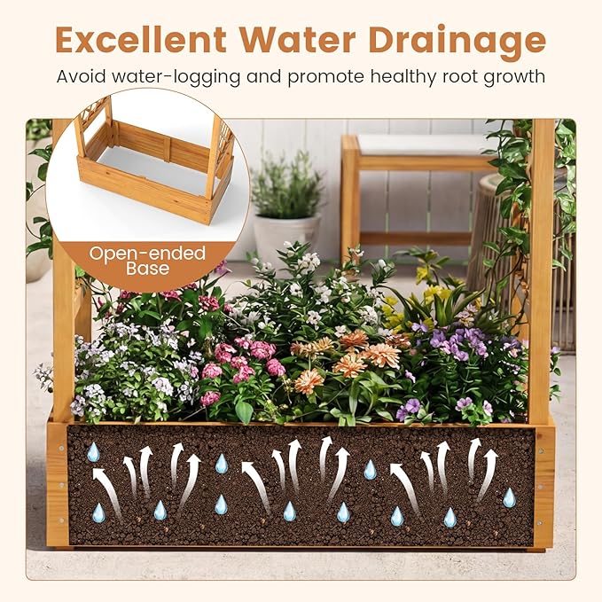 Happygrill 70" Raised Garden Bed with Trellis, 2 Pack Wood Planter Box w/Hanging Roof, 2 Side Trellises, Open-Ended Base for Flower, Climbing Plant, Plant Container for Garden