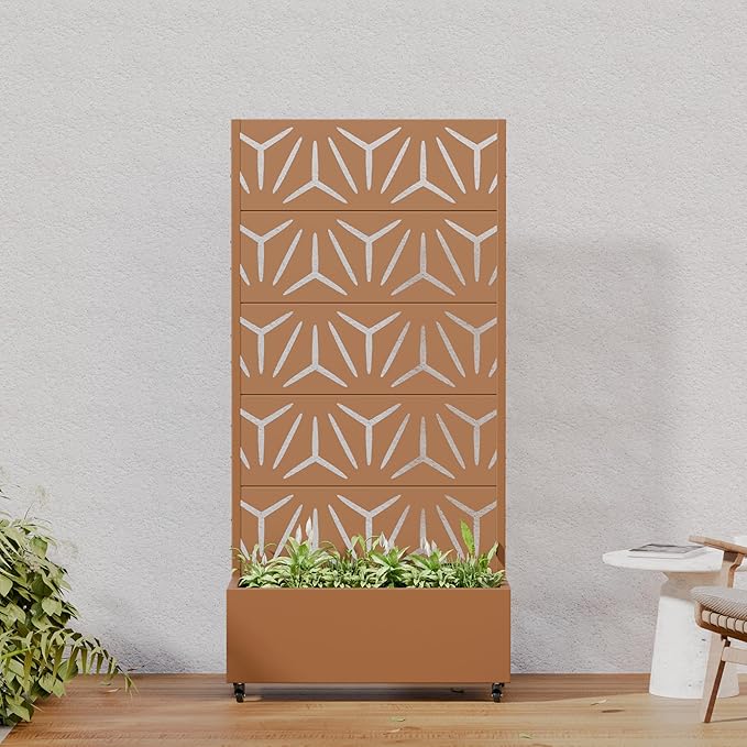 Casaphoria Metal Raised Garden Bed with Trellis and Wheels, 72"x35"x16" Planter Box for Climbing Plants, Vegetables & Vines, Features Drainage Holes and Privacy Screen, Brown-Star