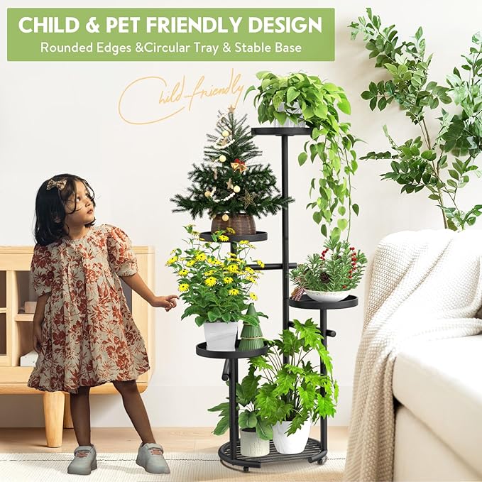 TOSKING 5-Tier Tall Plant Stand Indoor & Outdoor, Anti-Tip Round Base for Pots, Child and Pet Friendly, Heavy Duty Corner Shelf for Multiple Plants, Space-Saving Design for Living Room Balcony Garden (Black, 38in)