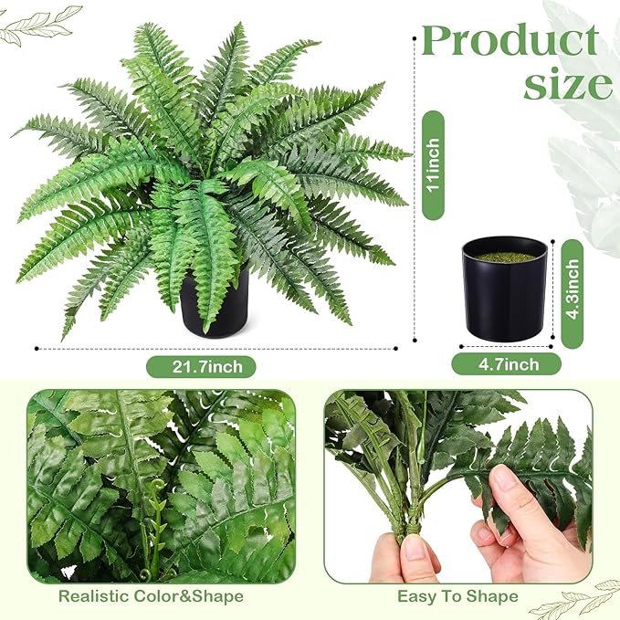 Fake Ferns Potted Plant, Artificial Boston Ferns in Pot, 24 Leaves for Outdoors & Indoor Faux Boston Bush Plant Artificial Greenery Patio Garden Farmhouse Windowsill Porch Home Decor