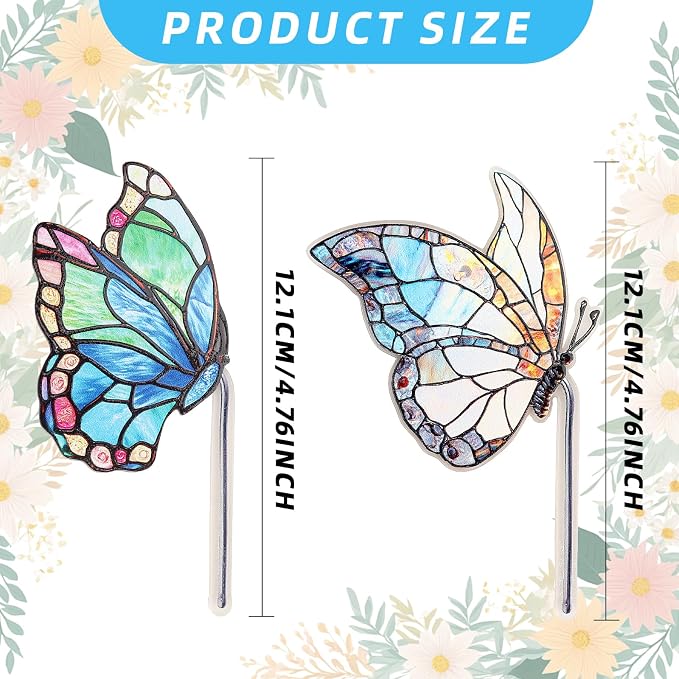2PCS Glass Butterfly Monarch Suncatcher for Pot Plant Decoration, Acrylic Butterfly Garden Stake Decor Butterflies Catcher for Indoor Outdoor Patio Plant Pot Yard Art Décor