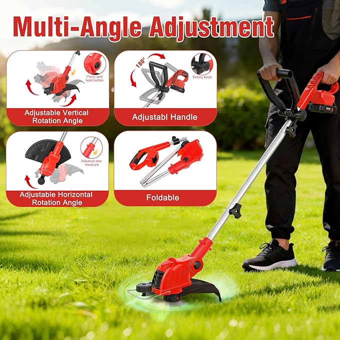 21V Cordless String Trimmer & Edger, 12" Auto-Feed Grass Cutter with 2.0Ah Battery & Fast Charger, 2-in-1 Electric Weed Wacker Lawn Tool for Yard Garden Maintenance-Red
