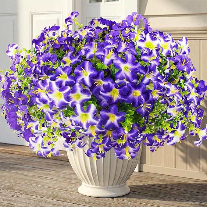 Daynight 32 Pcs Faux Petunias Artificial Flowers for Outdoors, UV Resistant Fake Purple Petunias Plants Realistic Silk Flowers for Porch Front Door Garden Window Outside Decor (32, Purple)