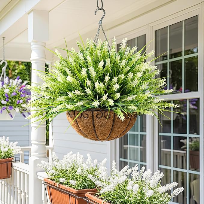 Artificial Plants for Outdoors, 10 Bundles Fake Monkey Grass with White Spring Flowers, Faux Plants Outdoor UV Resistant Realistic Greenery for Garden Window Patio Hanging Porch Home Decoration