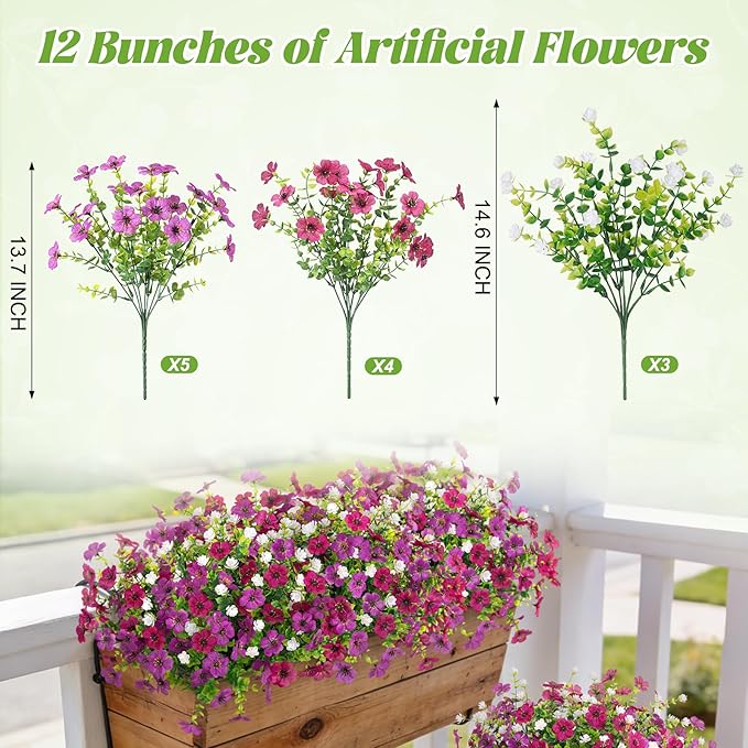 Ammyoo Artificial Flowers for Outdoors Spring Decoration, 12 Bundles Fake Flower Daisy with Realistic Eucalyptus Leaves, Faux Plants for Greenery Boxwood Porch Patio Garden Pot Lawn