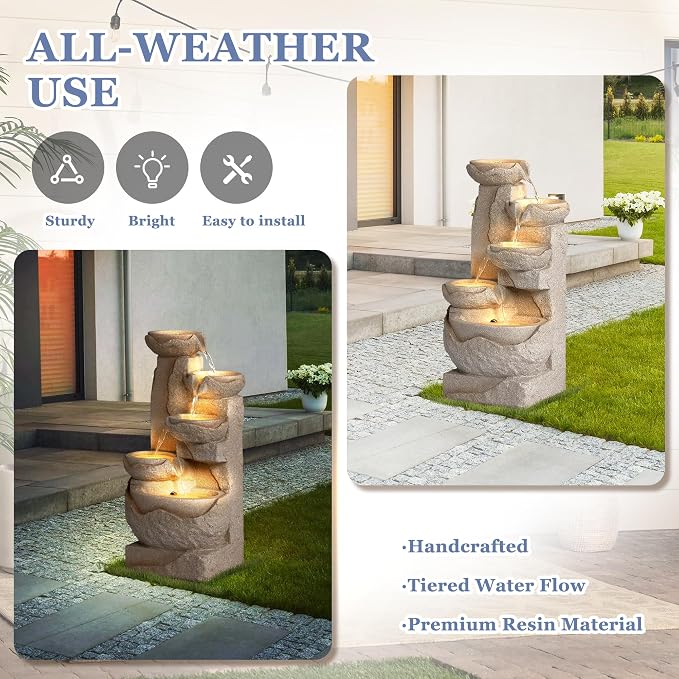 Grepatio Outdoor Water Fountain 5-Tiers Cascading Rock Waterfalls Fountains with 5 LED Lights, Indoor/Outdoor Modern Beige Bowl Feature Garden Water Fountain for Yard, Patio, House Decor