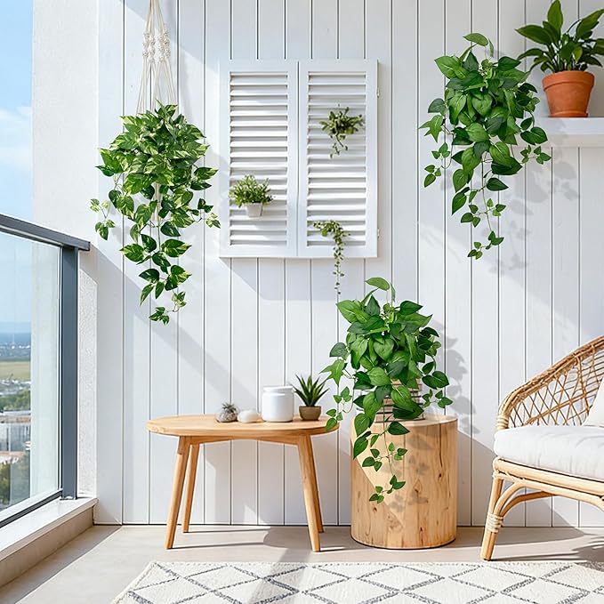 Artificial Hanging Plants with White Pots –2 Pack Fake Pothos Potted Plants Faux Ivy Vines 23.6‘’, Realistic Greenery Hanging Fakeplants Indoor for Home Decor, Bedroom, Bathroom, Office, Living Room