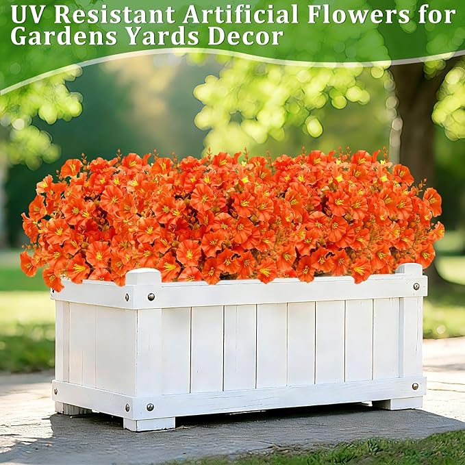 12 Bundles Artificial Fall Flowers for Outdoors, UV Resistant No Fade Fake Mums Flowers Silk Morning Glory with Orange Brown Eucalyptus Faux Flowers Plants for Home Garden Patio Porch Yard Porch Decor