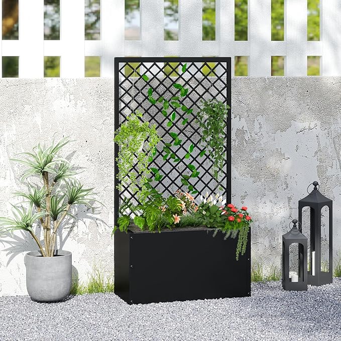 MOTION Outdoor Raised Garden Bed with Trellis - Free Standing Planter for Hanging Flower Baskets Lattice Planter Boxes, Black