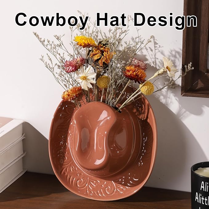 Hanging Wall Planters for Indoor Plants, Wall Vases for Flowers, Ceramic Cowboy Hat Vases for Decor, for Bathroom, Living Room, Office, and Home Decor. Brown Medium
