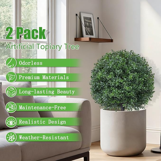 2Pcs Artificial Boxwood Topiary Ball Tree, UV Resistant Artificial Outdoor Shrubs with Spike, Decorative Evergreen Fake Topiary Bushes Plant for Front Porch Garden