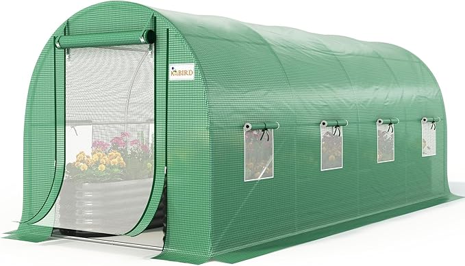 KING BIRD Premium 15x6.6x6.6FT Greenhouse for Outdoors, Large Walk-in Upgraded Galvanized Metal Frame, Mesh Door Screen Window Improved Zipper Tunnel Hoop for Garden Plant Winter, Green
