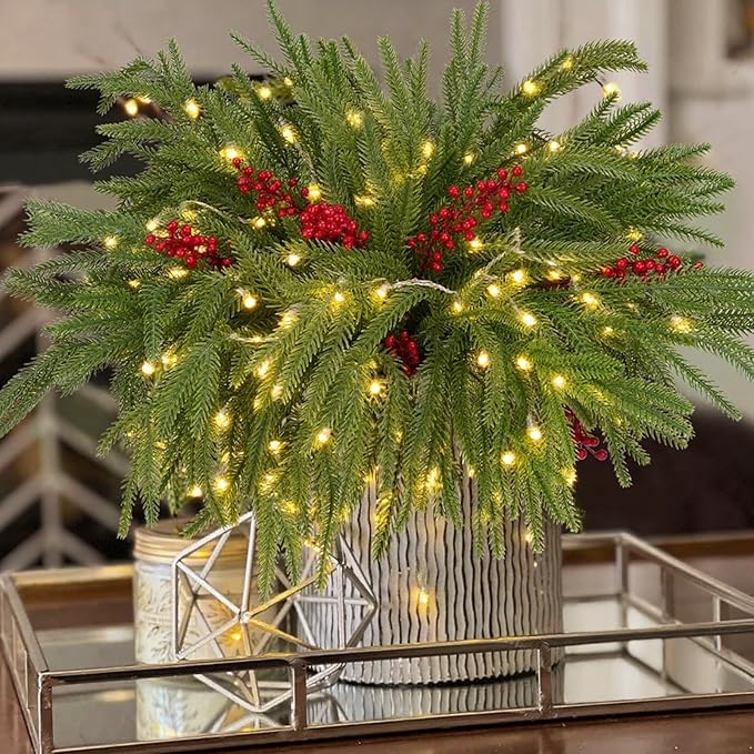 12pcs Christmas Norfolk Pine Branch with Berry Set, 18 Inches Artificial Norfolk Branch 6pack, Faux Berry Stem 6pack,Fake stem Greenery Pine Picks for Indoor Home Vase DIY Outdoor Wreath Decoration