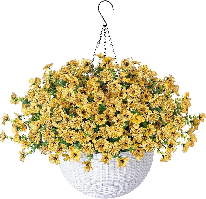 HyeFlora Artificial Faux Fall Hanging Mums Plants Flowers Basket for Outdoor Outside, Autumn Fake Silk Yellow Daisy UV Resistant Realistic for Porch Patio Balcony Home Yard Decoration