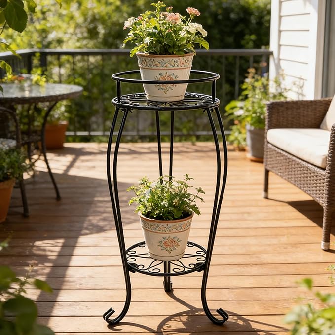 CASIMR 2 Tier Plant Stand, 26.8 inch Tall Metal Potted Holder Rack,Indoor Outdoor Multiple Flower Pot Shelf Rustproof Iron Garden Container for Garden Patio Living Room Corner Balcony, Black