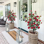 3.6FT Artificial Camellia Fake Tree, Artificial Plants & Flowers with 32 Red Flowers for Door Front Decoration Porch Patio Living Room Office Indoor Outdoor Decor (2PCS Contains Faux Moss)