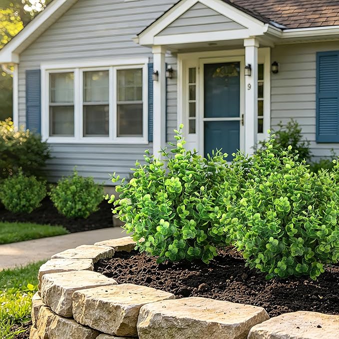 Artificial Greenery Eucalyptus Boxwood, UV Resistant Faux Outdoor Plants for Decoration, Realistic Fake Eucalyptus Leaves for Planter, Front Porch, Patio, Backyard Decor (12pcs)