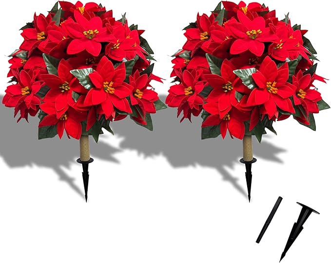 2 Pack 24.5-Inch Artificial Poinsettia Flowers with Ground Spike, Christmas Topiary Balls Trees, Faux Poinsettias Bush,Fake Poinsettia UV Realistic for Outdoor Porch Home Patio Christmas Decor