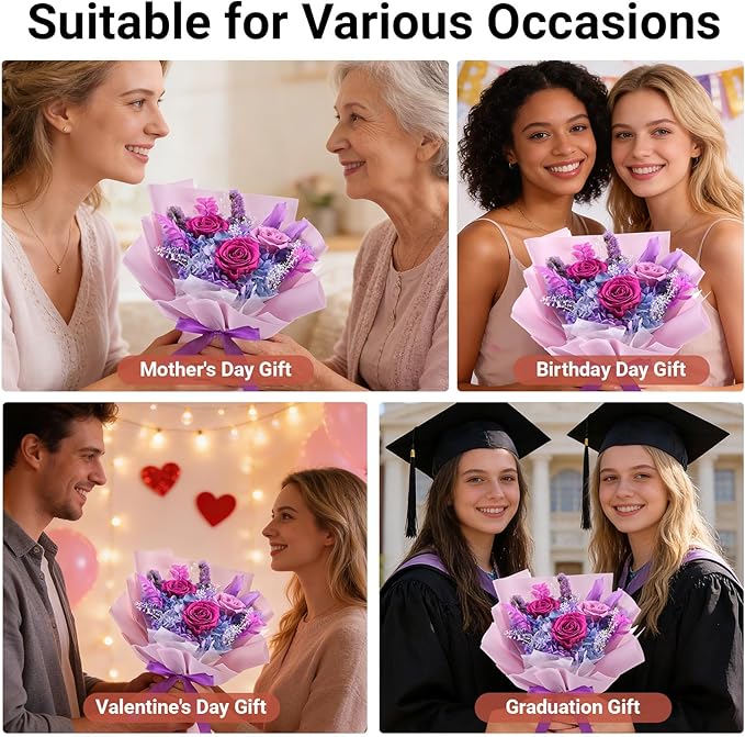 Preserved Flowers Bouquet, Flowers for Delivery,Handmade Purple Rose Bouquets Lasting 3-5 Years, Luxury Gift Box,Birthday Flowers Gifts for Women Mom Grandma Wife Friends