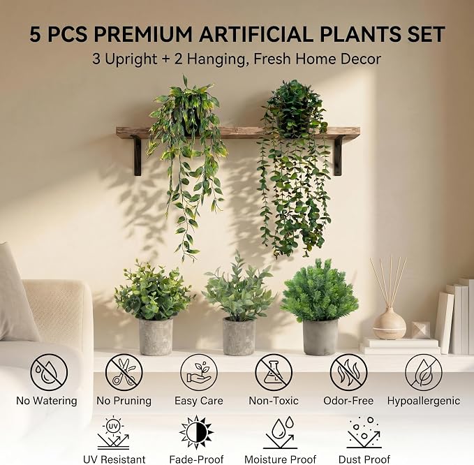 Artificial Hanging Plants 5 Pack – Small Fake Potted Ivy Plants for Indoor or Outdoor Décor, Wall Shelf Home Office Room Decoration, Realistic Faux Plants with Planters